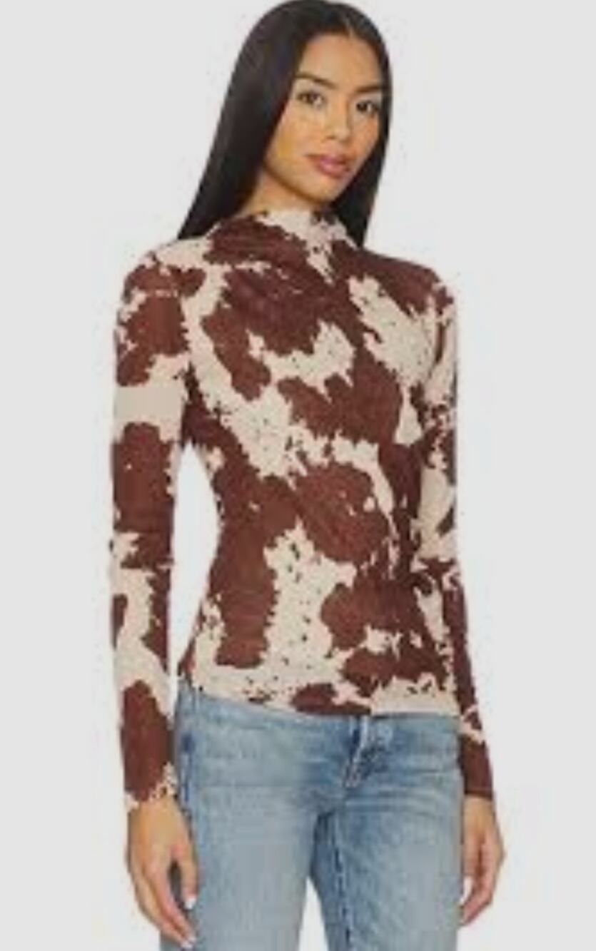 Rails Joelle Cowgirl Print Stretch Long Sleeve Ruched Blouse Top High Neck Large